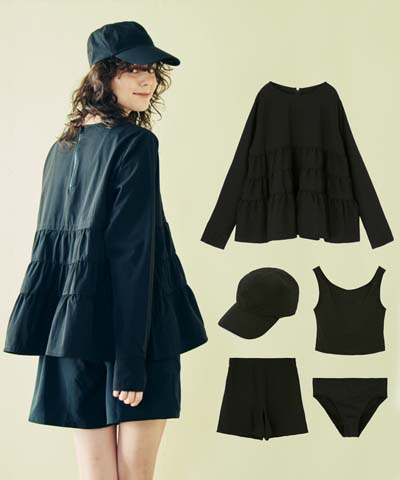 【紫外線防止】【UVカット】 WEB限定5点セット　キャップ付きUVカットタンキニ+ティアードラッシュセット水着【BeachQueen(ビーチクイーン）】