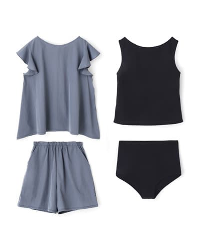 【2026年新作】リブ水着+Aラインショルダーフリルトップス付パンツ4点セット【Beach Queen（ビーチクイーン）】