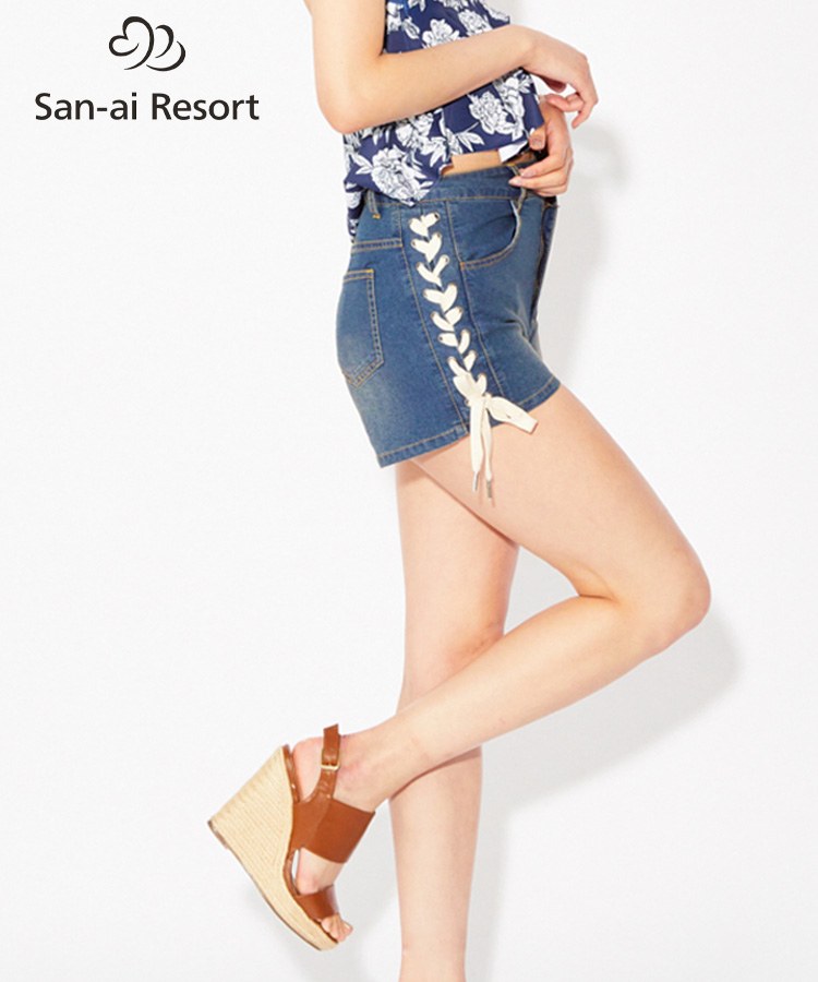 【SALE】【San-ai Resort】編み上げデニム パンツ S/M/L